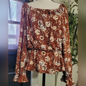 CeCe Floral Long Sleeve Peplum Blouse Medium